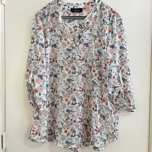 Women Floral Sheer Tunic Top 38 XLarge Boho Peasant V Neck Roll Tab Sleeve Flowy
